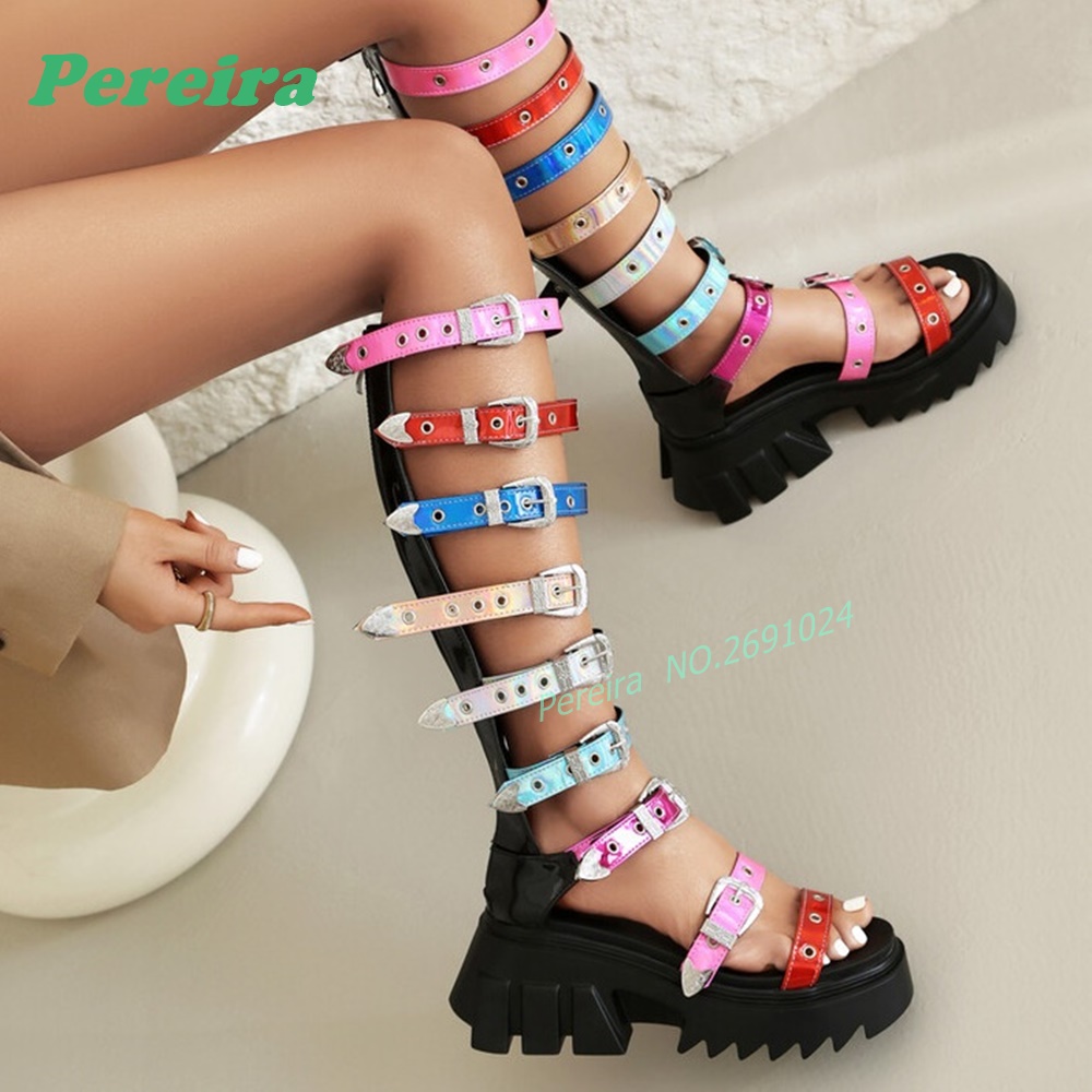 Colorful Multi Buckle Straps K - Knee High Boots Women 评论和价格