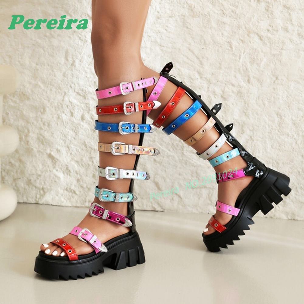 Colorful Multi Buckle Straps K - Knee High Boots Women 评论和价格