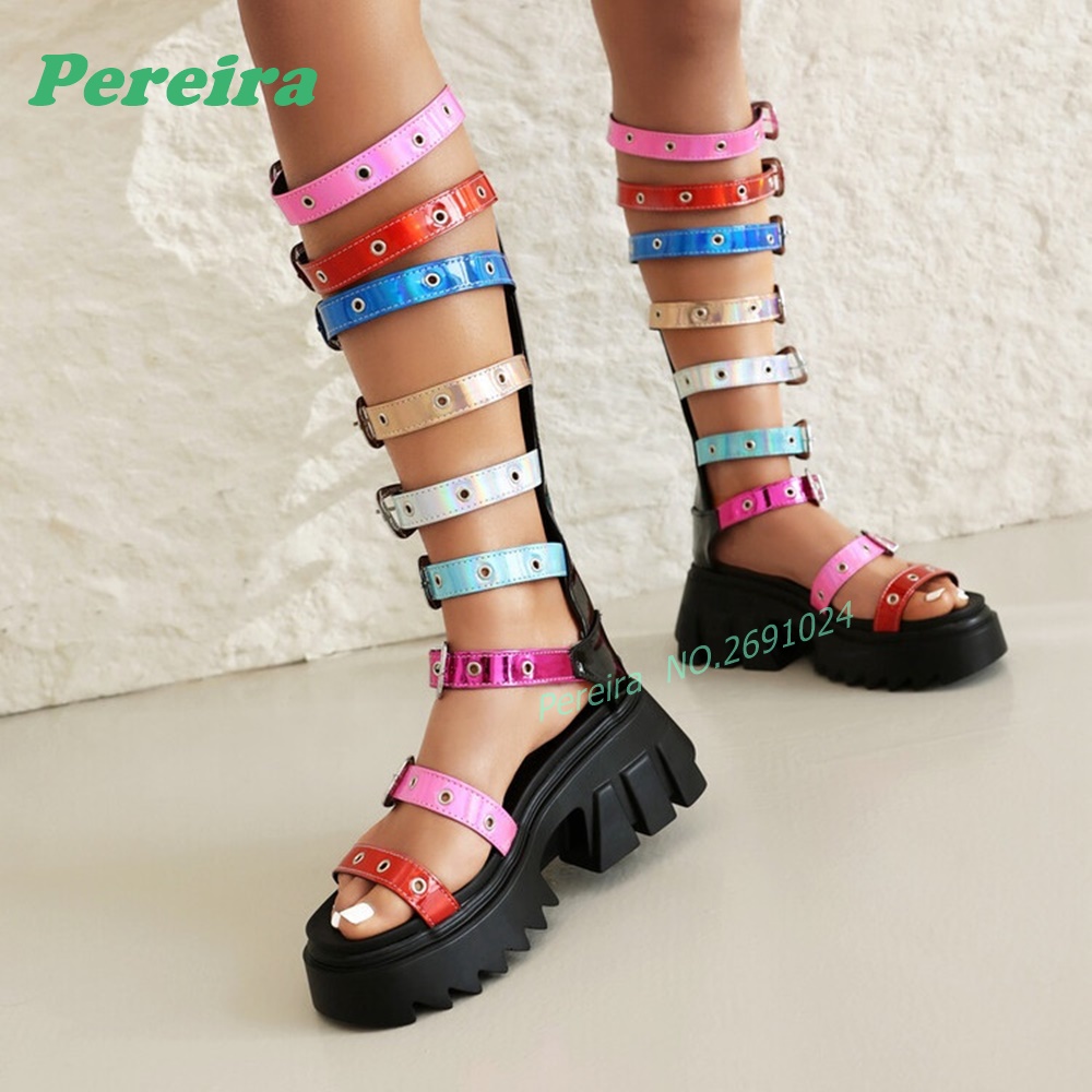 Colorful Multi Buckle Straps K - Knee High Boots Women 评论和价格